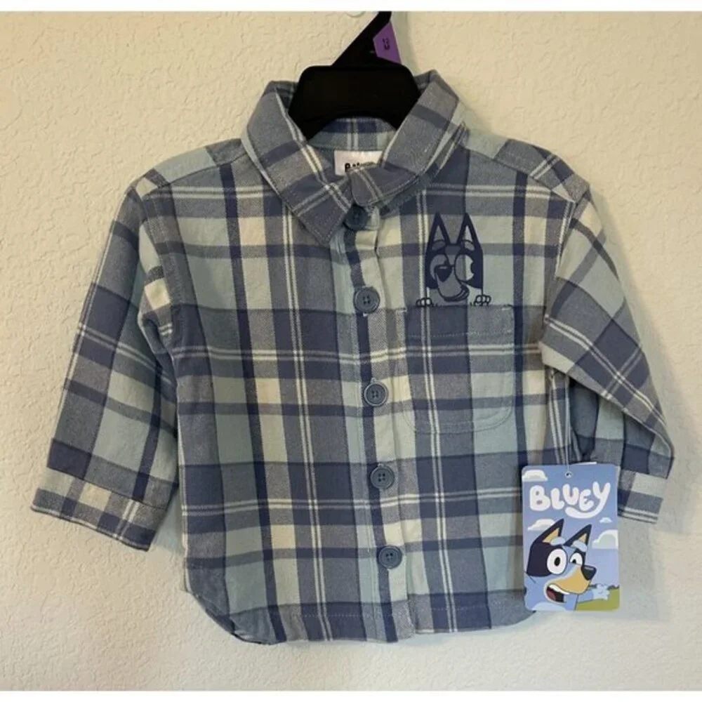 NWT Kids Bluey Long Sleeved Collared Button Down Flannel Shirt Size 12 Months - Picture 1 of 5